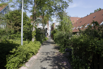 903078 Gezicht op het voetpad tussen de huizen aan de Hondsrug (links) en de Furkabaan te Utrecht.